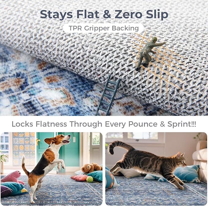 OPPODREAM Vintage Blue Round Rug 4ft, 4 ft Retro Washable Circle Rug Non Slip, Low-Pile Faux Wool Circular Carpet, Distressed Navy Floor Mat for Living Room, Bedroom, Office, Dorm, Dinning Room