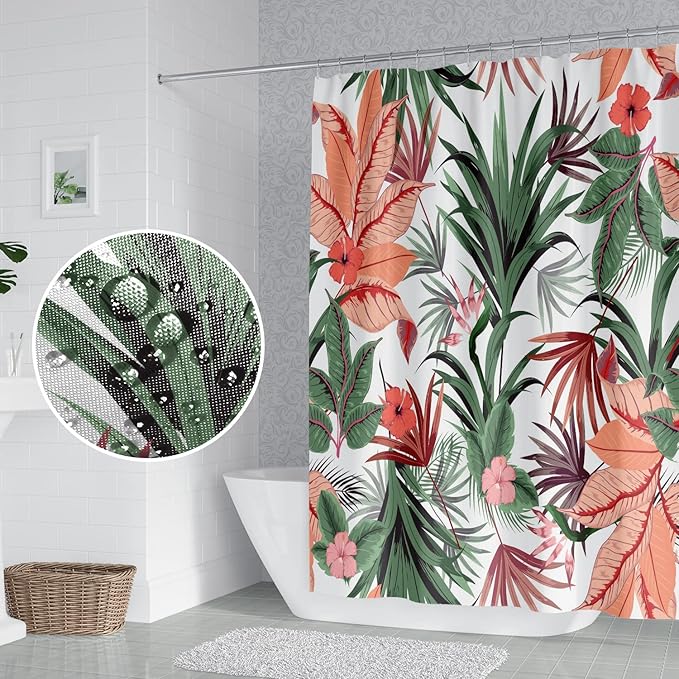 Tropical Plant Shower Curtain Boho Green Leaves Blossom Pink Lily Bath Curtain 72 x 78 Inch Waterproof Washable Fabric Summer Bathroom Decorative Shower Curtain Sets with 12 Hooks