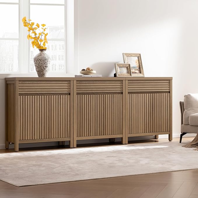 SICOTAS Fluted Buffet Cabinet with Storage - 58“ Large Sideboard Cabinet with Drawers & 3-Level Adjustable Shelf, Modern Credenza Coffee Bar Console Table for Kitchen Living Room Entryway, Caramel Oak