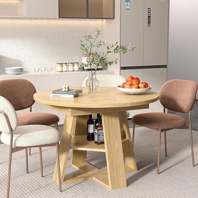 43.3in-59in Extendable Round Dining Table for 4-8,Modern Kitchen Oval Dining Table with Removable Leaves Space Saving,Wood Base with Storage Shelf for Kitchen Living Room (Wood Color)