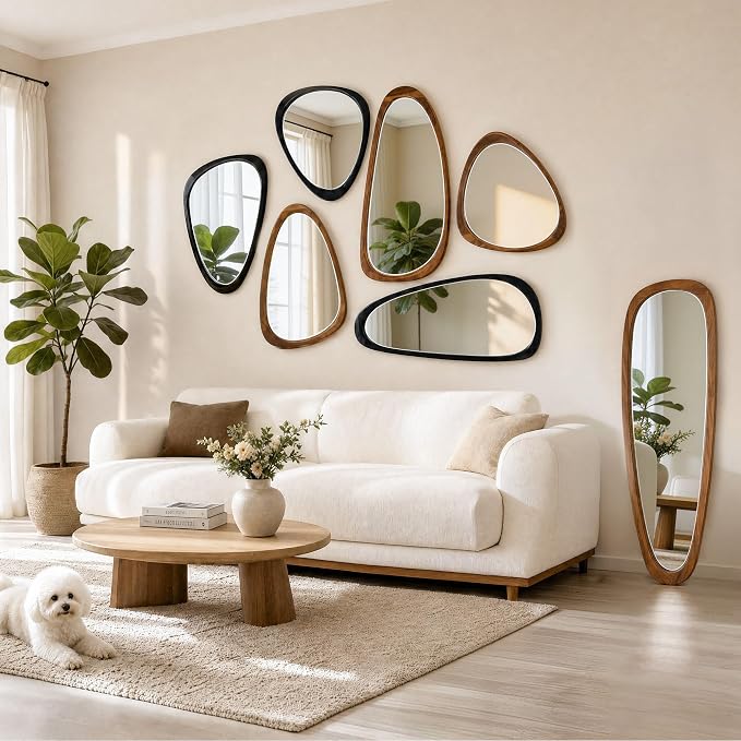 24" x 19" Asymmetrical Wall Mirror with Brown Wood Frame, Irregular Wall Mirror for Bedroom Entryway Living Room, HD Tempered Glass, Horizontal or Vertical Hanging