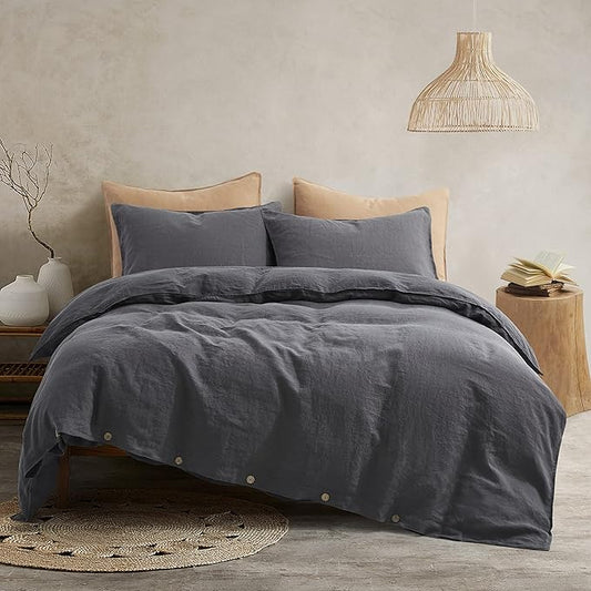 ATLINIA 100% Flax Linen Duvet Cover Set - Stone Washed Pure French Linen Organic Fabric for Farmhouse Comforter Boho Bedding Included 1 Duvet Cover 2 Pillow Shams(Dark Grey, Queen)