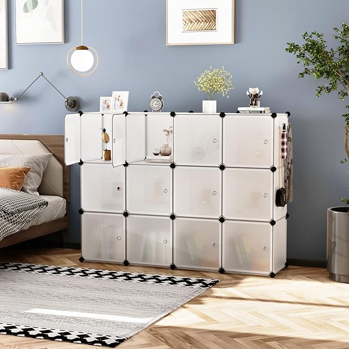 C&AHOME Cube Storage Organizer with Doors, 12-Cube Shelves, Closet Cabinet, DIY Plastic Modular Bookshelf Ideal for Home, Living Room, 36.6”L x 12.4”W x 48.4”H Transparent White USHS3012W-DOOR