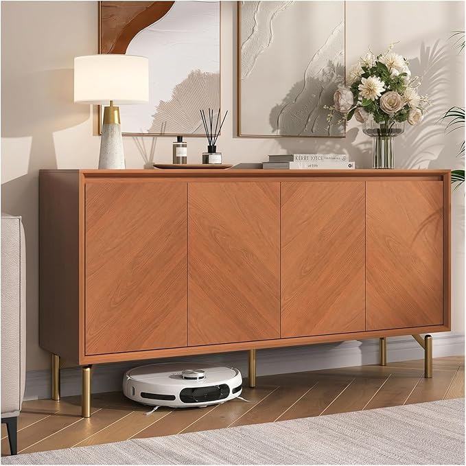 JOINICE Sideboard Cabinet with Storage, Mid-Century Modern Accent Cabinet | Chevron Pattern Credenza for living rooms, geometric door , gold-tone legs, dining room and entryway
