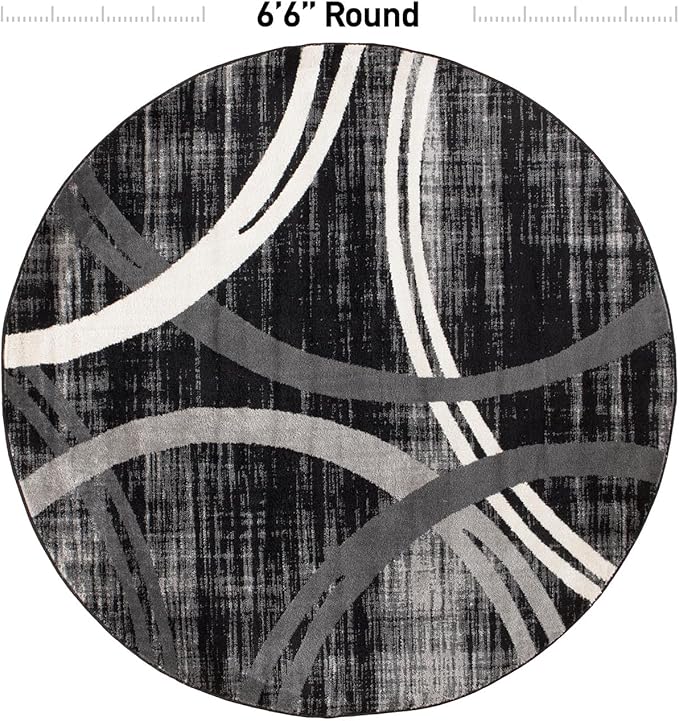 Rugshop Modern Wavy Circles Design Round Rug, Non-Shedding Carpet for Living Room, Dining Room, or Breakfast Nook, Black, 6'6" Round