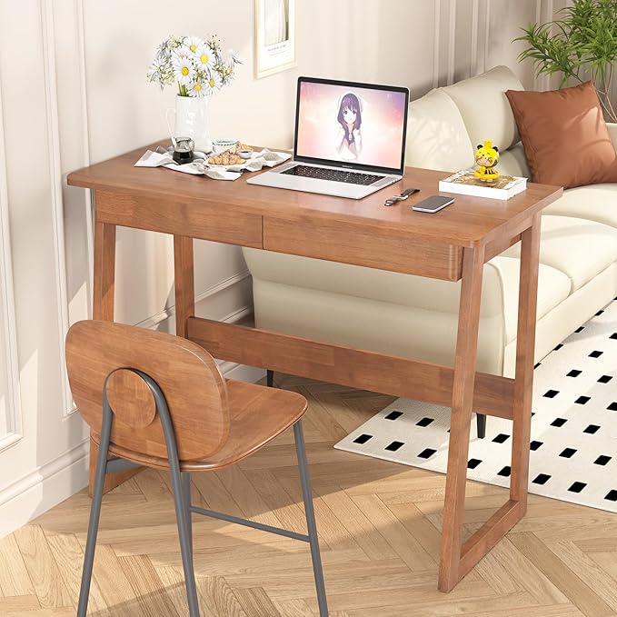Solid Wood Desk with 2 Drawers, Mid Century Modern Home Office Desk, Vintage Writing Desks for Small Spaces, Walnut Color Computer Desk with Drawers for Study Bedroom Living Room 39.4" W