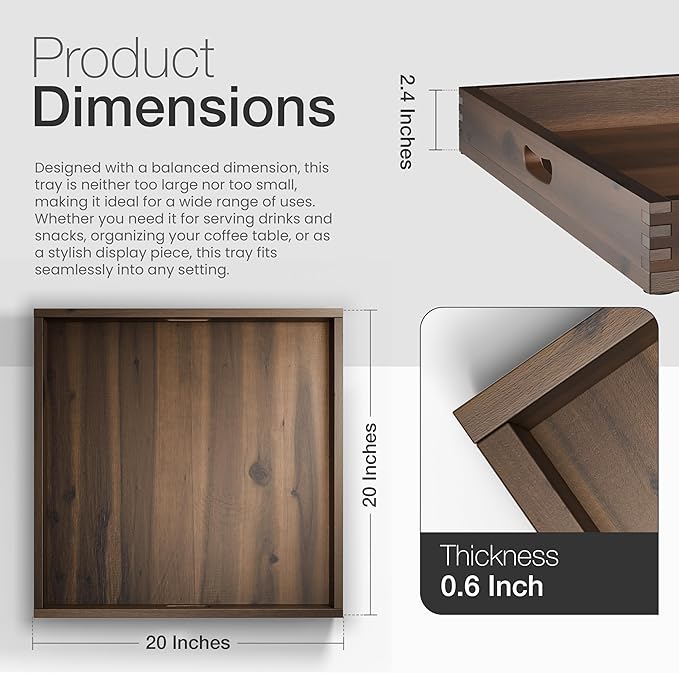 20 x 20 inch Square Wooden Ottoman Tray – Large Wooden Tray for Ottoman, Extra Large Ottoman Tray for Living Room, Coffee Table & Decorative Use (Walnut Color)