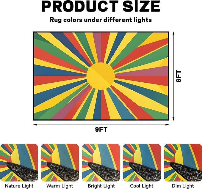 Rainbow Sunburst Area Rug Colorful Geometric Sun Carpet Soft Non-Slip Washable Floor Mat for Bedroom Living Room Nursery Playroom Classroom Home Decor,6'x9'