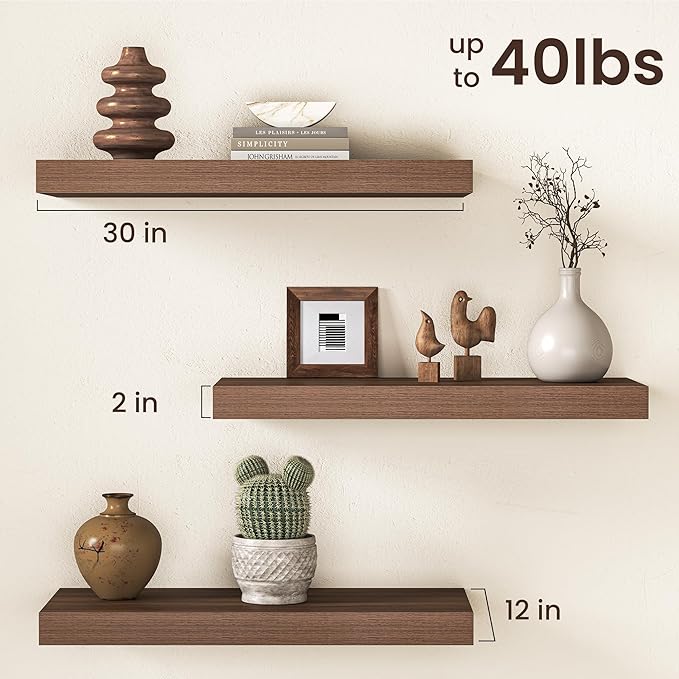 30Inch Walnut Floating Shelves for Wall, 12 Inch Deep Shelves for Bedroom, Kitchen, Bathroom Wall Mounted, Rustic Wood Floating Shelf with Invisible Brackets for Books, Storage, Decor, 2 Packs