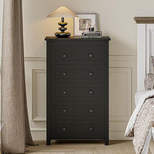 Black Dresser Tall 5 Drawer Dresser for Bedroom, Wooden Dressers & Chests of Drawers with Metal Handles, Modern Storage Cabinet and Organizer Drawers for Living Room, Hallway