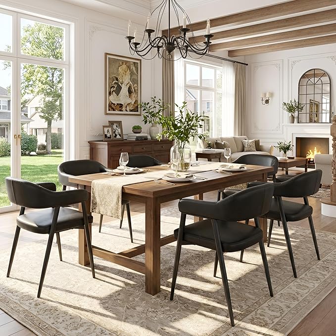 HNY Modern Dining Room Arm Chairs Set of 4, Retro Faux Leather Upholstered Barrel Dining Chairs with Arms Mid-Century Black Accent Chair with Metal Legs, Open-Back Kitchen Side Chair for Living Room