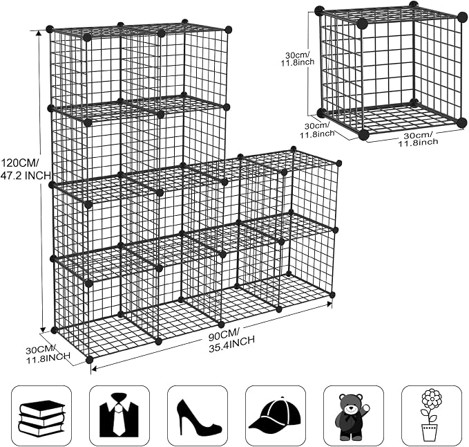 Wire Storage Cubes, Metal Storage Shelves Bookshelf, Stackable Modular Closet Organizer for Bedroom Living Room, Office, Black (12 Cubes, Iron)