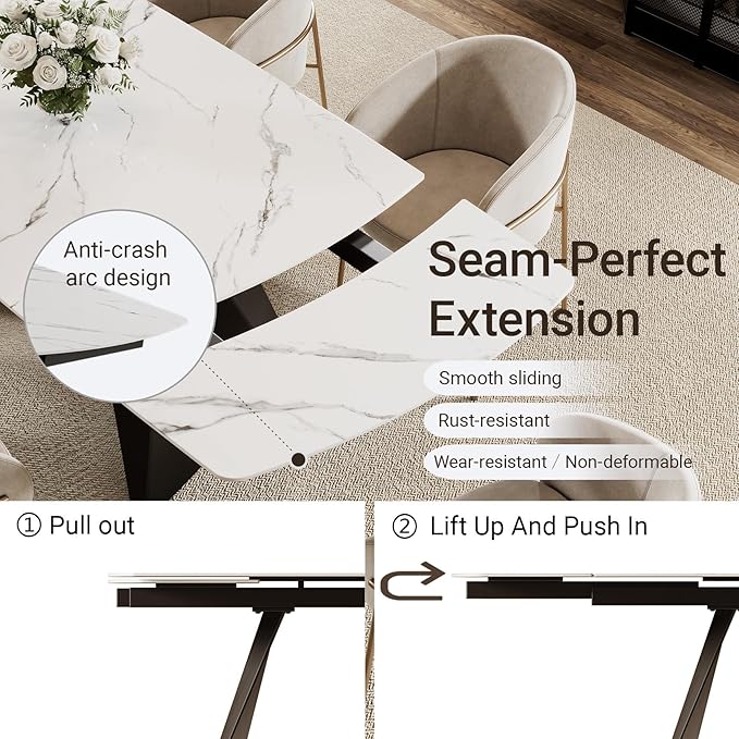 Extendable Dining Table with Leaf, 65"-95" Rectangular Sintered Stone, Marble-Look Top, Seats 6-12, Metal Base, Easy-Clean, Heat & Scratch Resistant, Dining Room/Kitchen Table for Family Gatherings