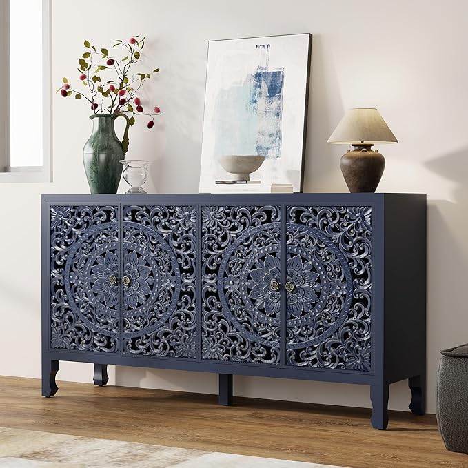 Buffet Cabinet with Storage, Accent Cabinet with 4 Carved Doors, Solid Wood Sideboard with Adjustable Shelf, Vintage Cabinets for Kitchen, Living Room, Entryway, Blue