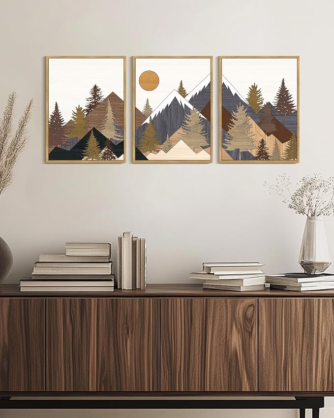 KUVIOKE Morden Boho Mountains Framed Canvas Wall Art Pine Tree Forest Nature Landscape Artwork Painting Bohemain Farmhouse Rustic Room Decor for Bedroom Living Room 12x16in (Natural Framed)