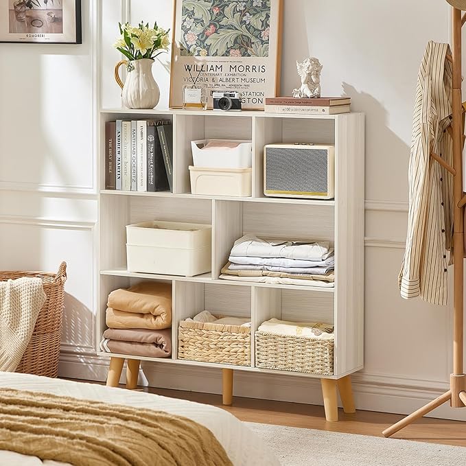LEYAOYAO 8 Cube Bookshelf,3 Tier Bookcase with Legs,Light Grey White Mid-Century Modern Bookshelves,Large Open Storage Organizer Shelf, Wooden Book Case