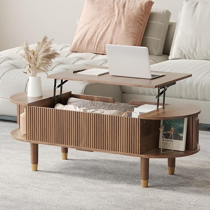 Oval Wood Coffee Table,Fluted Lift Top Coffee Table with Sliding Door and Solid Wood Legs,Suitable for Living Room,Home Office,and Apartment. (Walnut)