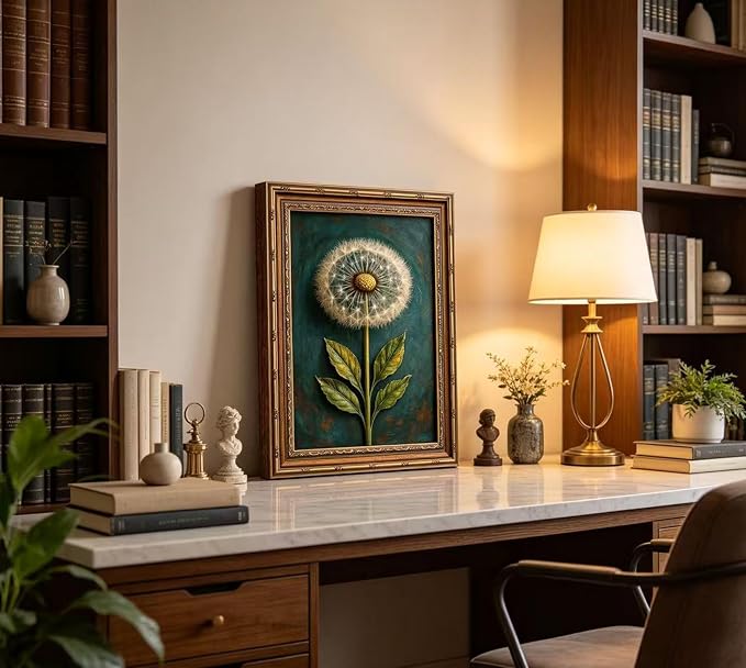 Vintage Gold Framed Dandelion Canvas Wall Art, Teal Background Botanical Oil Painting Print, Retro Moody Botanical Picture Poster， Country Farmhouse Wall Decor，for Home Living Room Bedroom，9x11in