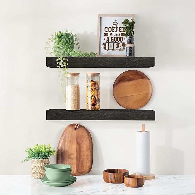 Sorbus 16" Solid Wood Floating Shelves - Set of 2 Black Wall Mounted Kitchen Shelves - Durable Pine Wood