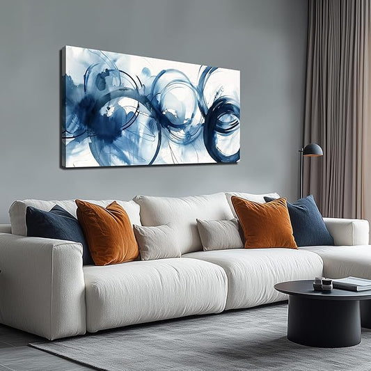 Abstract Circle Canvas Wall Art for Bedroom Blue and White Wall Decor for Dining Room Big Modern Poster Wall Art for Apartment Size 24 x 48 Inch