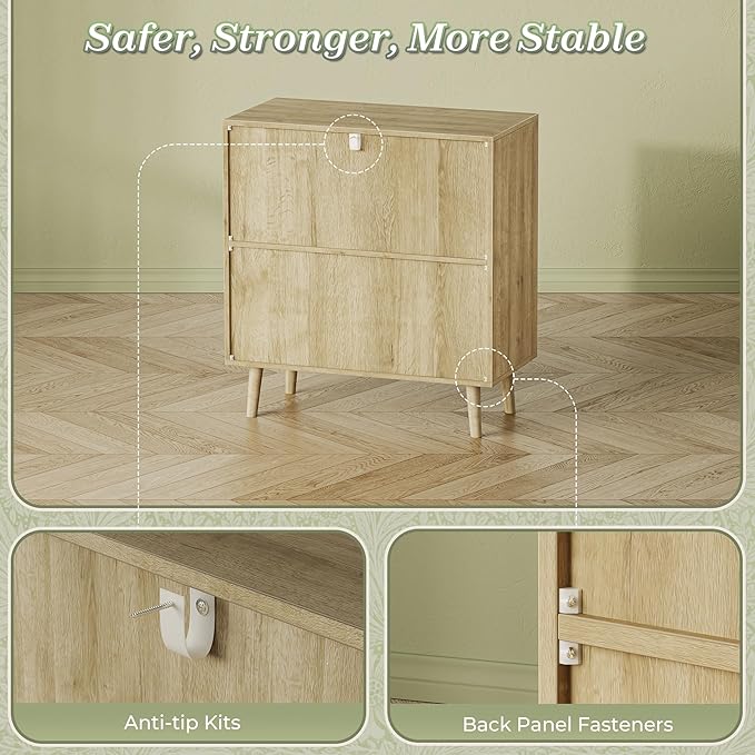 Huuger Buffet Cabinets with Storage, Set of 2, Storage Cabinets with Synthetic Rattan Doors, Accent Cabinet with Solid Wood Feet, Sideboard Cabinet for Hallway, Entry, Living Room, Natural