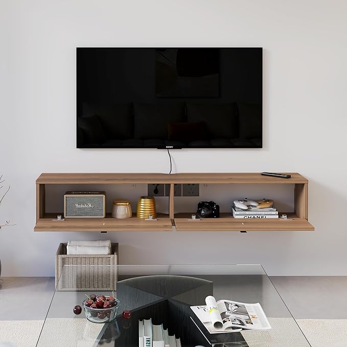 Solid Wood Floating TV Shelf, 55'' Wall Mounted TV Cabinet, Floating Shelves with 2 Doors, Wooden Mid-Century Entertainment Media Console Center Large Storage Under TV (Walnut)