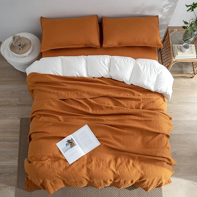 EVERLY Linen Sheets Set King Size,100% French Stonewash Pure Linen Sheets Set,4Pieces (1Flat Sheet,1Fitted Sheet,2Pillowcase) Suitable for Hot Sleepers,Deep Pocket Natural Bedding Set-Caramel