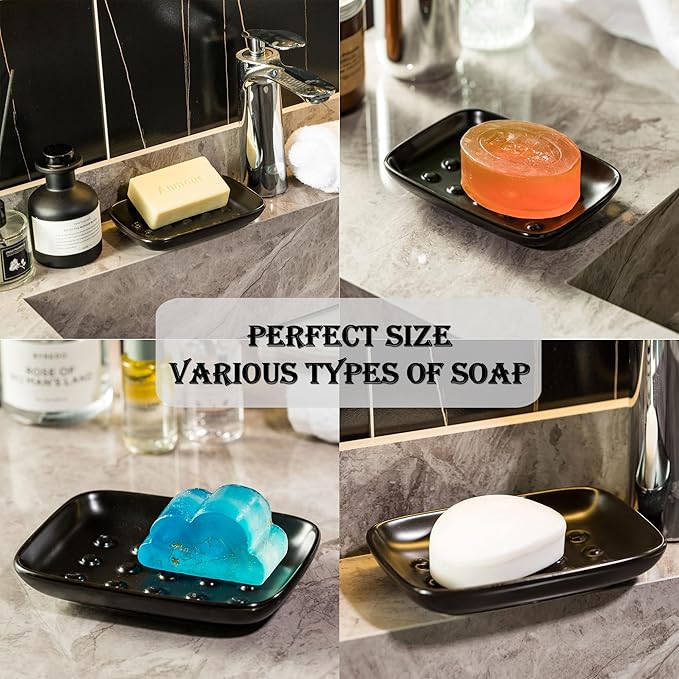 Soap Dish, Ceramic Soap Holder Shower Soap Dish for Bar Soap Sponge, Soap Saver Tray for Bathroom Kitchen Sink, Black (Pack of 2)