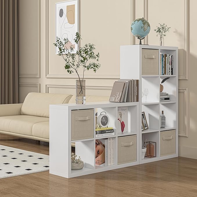 furtble Bookshelf with Storage Bin, 6-Cube Storage Organizer, Modern Wood Open Bookcase, Multifunctional Display Cubicle Shelf for Living Room, Bedroom, Home Office, White