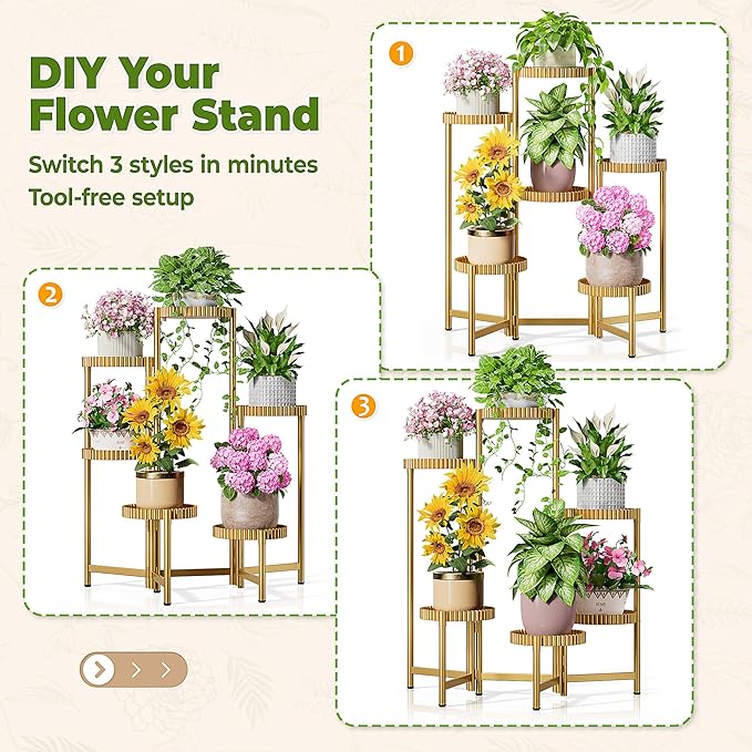6 Tier Large Tiered Plant Stand Indoor, 7.9 Inch Wide Tall Corner Metal Plant Stands Outdoor for Multiple Plants, Folding Tall Flower Display Holder Rack Shelf for Patio Porch -GoldFloroma