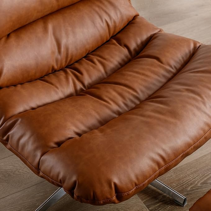 Swivel Accent Chair with Ottoman, Mid Century Modern Faux Leather Lounge Chair with footrest, Comfy Oversized Armchair with 360 Degree Metal Base for Living Room/Bedroom, Brown