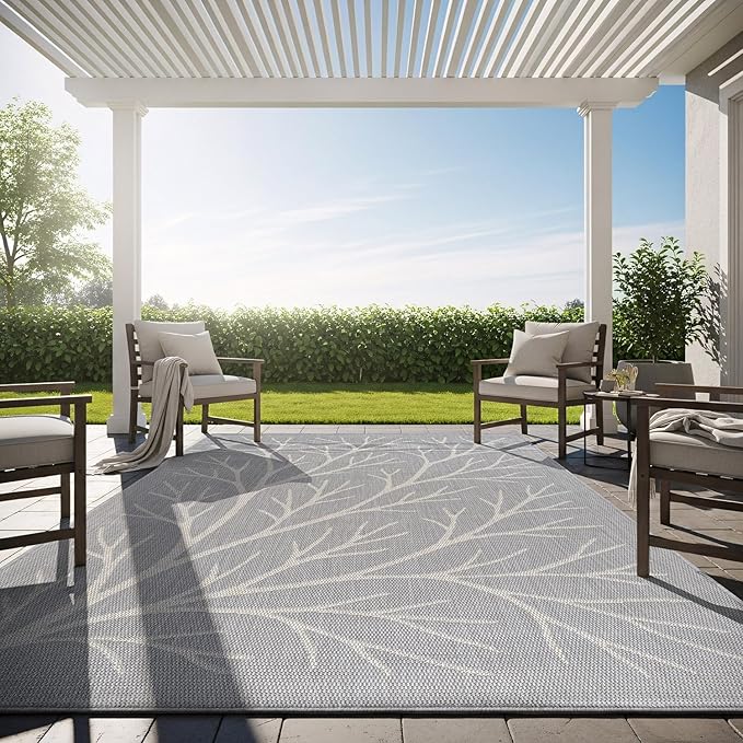 Washable Indoor Outdoor Rug 6x9 Modern Area Rugs Branch Pattern Non Shedding Waterproof Easy Clean Patio Deck Porch Living Room Bedroom Garden RV (6 X 9 Gray)
