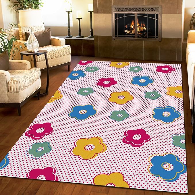 Cartoon Cute Flowers Area Rug, Pink Polka Dot Background Non Slip Decorative Rugs, Breathable Durable Carpet for Indoor Bedroom Living Room Sofa Office Floor Rug - 6 ft x 9 ft