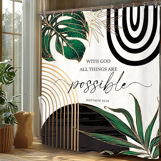 Miyotaa Abstract Emerald Green Shower Curtain Set 60Wx71H Inches Bible Christian Inspirational Motivational Minimalist Modern Tropical Leaves Contemporary Bathroom Curtain with 12 Hooks
