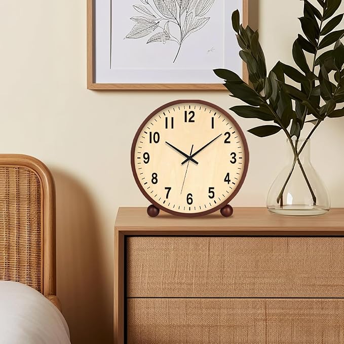 Maxspace Wooden Table Clock,8in Silent Non-Ticking Desk Clock,Battery Operated Desktop Analog Clock for Living Room Bedroom Kitchen Office Classroom Decor (Walnut)