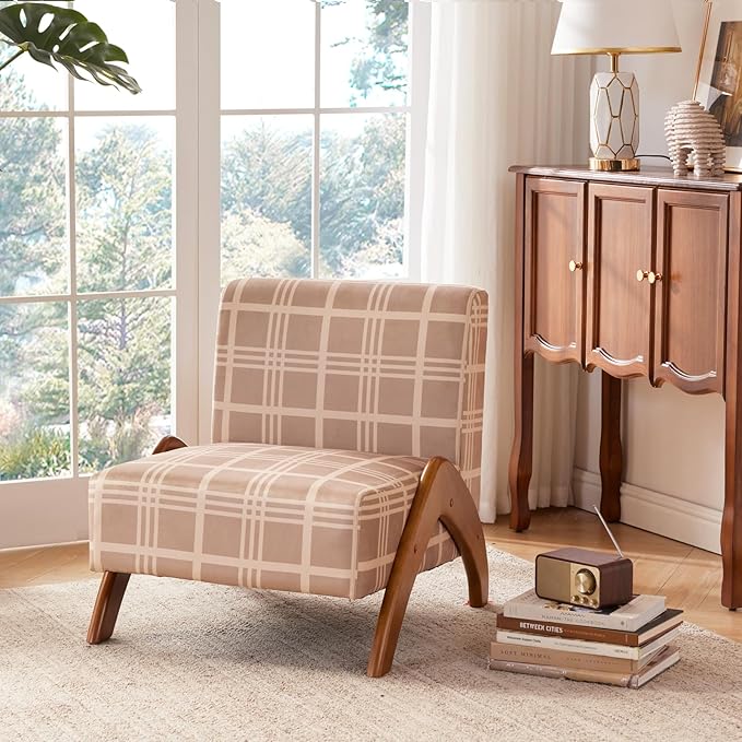 Oversized Accent Chair, upholstered armless mid Century Modern Living Room Chair with Wooden Legs for Bedroom/Office/Cafe, Plaid Camel