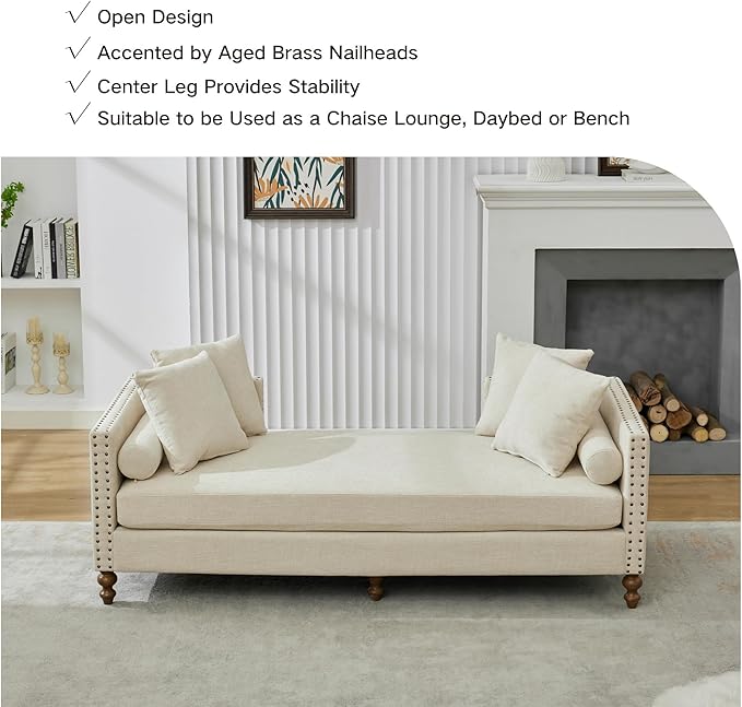 Chifee & Vingol 75.2" W Retro Oversized Chaise Lounge Chair Indoor with Left & Right Armrest,6 Pillows,Solid Wood Legs,Beige