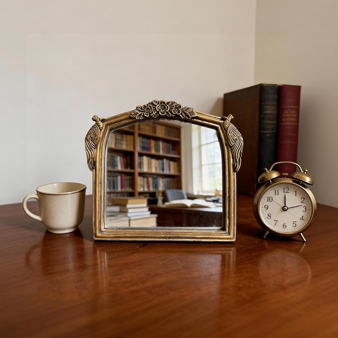 Vintage Vanity Desk Mirror -7x8Inch Wall-Mounted & Tabletop Decorative Ornate Gold Accent Retro Makeup Mirror for Bedroom Dresser Living Room Bathroom Dorm Champagne Gold