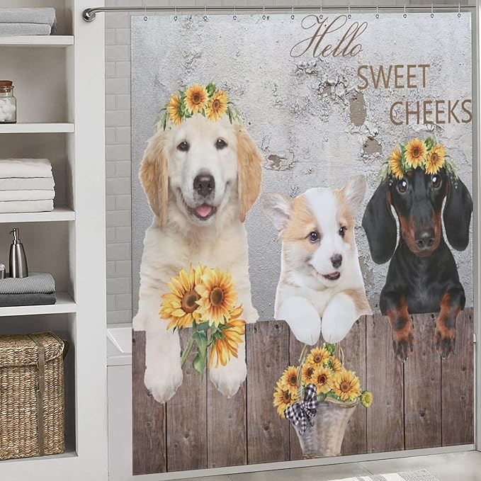 Dog Pattern Shower Curtain Farmhouse Country Rustic Wooden Farm Sunflower Animal Pattern Duty Fabric Shower Curtains Set Bathroom Polyester Waterproof with 12 Hooks,72x72Inch（183x183cm）