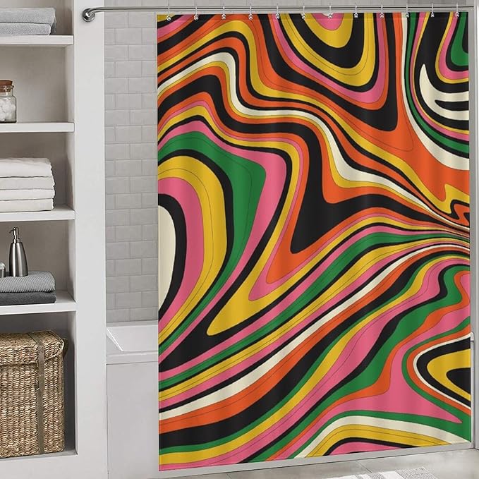 70s Groovy Shower Curtain, Vintage Retro Colorful Orange Wave Hippie Rainbow Abstract Swirl Aesthetic Boho Funky Trippy Bright Waterproof Fabric Bath Shower Curtain Set with Hooks, 72"x72" Inch