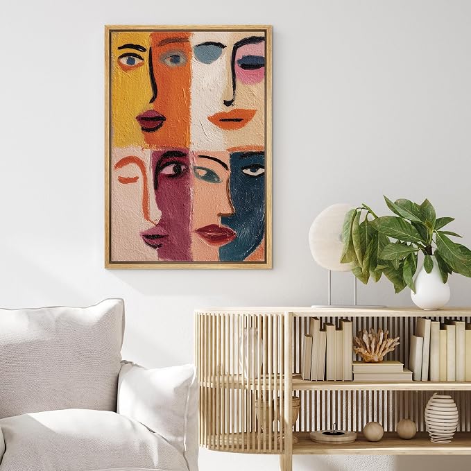 MUDECOR Framed Canvas Print Wall Art Abstract Color Block Faces Modern Portrait Illustrations Fine Art Mid-Century Modern Multicolor for Living Room, Bedroom, Office - 16"x24" NATURAL