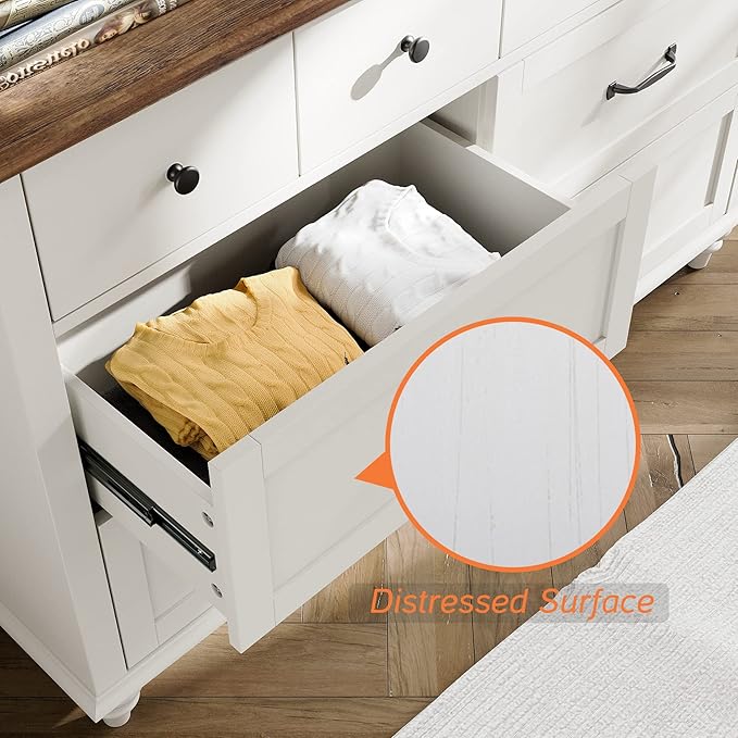 WAMPAT Off White Dresser for Bedroom with 6 Drawers, Wooden Dresser TV Stand with Wide Chest of Drawers, Mid Century Modern Closet Storage Organizer for Living Room, Hallway, Nursery