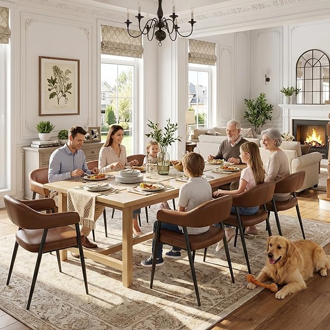 HNY Modern Dining Room Arm Chairs Set of 6, Retro Faux Leather Upholstered Barrel Dining Chairs with Arms Mid-Century Brown Accent Chair with Metal Legs, Open-Back Kitchen Side Chair for Living Room