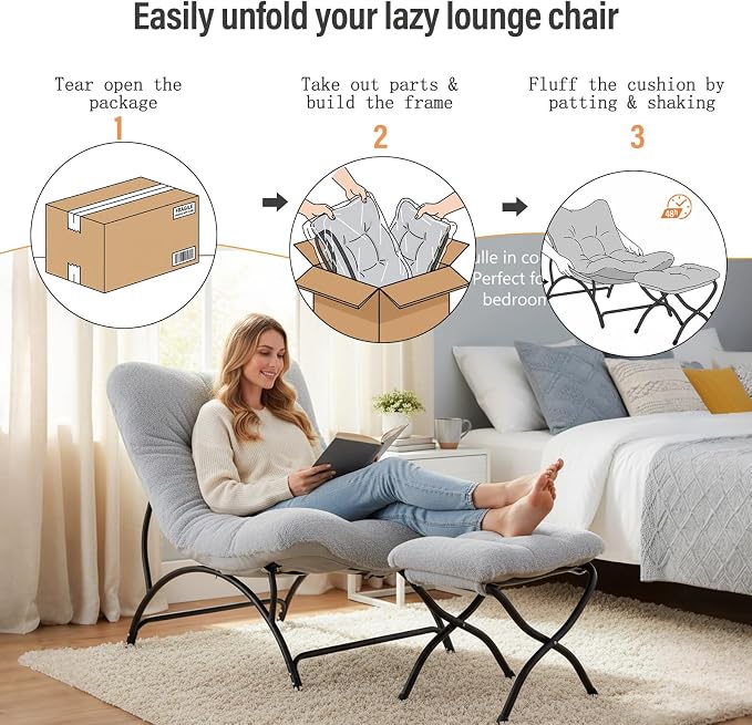 Tiita Accent Lazy Chair with Ottoman, Comfy Lounge Chair with Metal Frame and Plush Fabric, Thick Cushion Seated Cozy Recliner Chair for Reading Room, Living Room, Bedroom, Office, Light Gray
