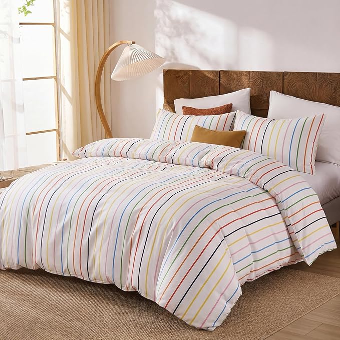 Merryword Rainbow Striped Duvet Cover Set King Size, 100% Cotton Bedding Set with Zipper Closure & 8 Corner Ties, Luxury Linen Like Bedding, Soft Breathable Comforter Cover for All Seasons