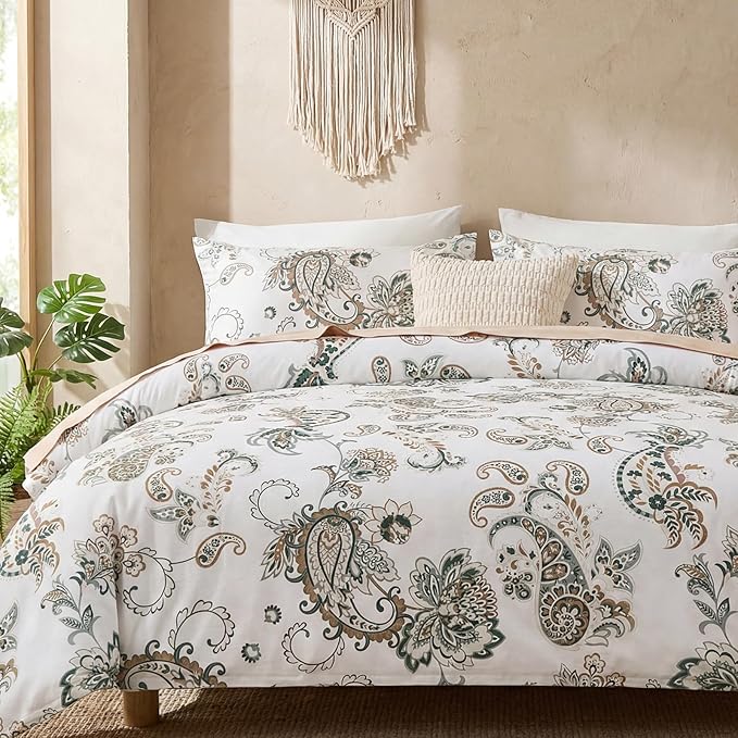 Cozeline 100% Cotton Duvet Cover Queen Size, Green Paisley Bedding Set with Zipper Closure, 3 Pcs Breathable and Soft Duvet Cover for All Season
