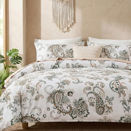 Cozeline 100% Cotton Duvet Cover Queen Size, Green Paisley Bedding Set with Zipper Closure, 3 Pcs Breathable and Soft Duvet Cover for All Season