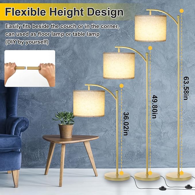 LALISU Floor Lamp for Living Room, Dimmable Floor Lamp with Foot-Step Switch Standing Lamp with Linen Shade Reading Lamp for Living Room Bedroom Office Dining Room, 9W Bulb Included (Gold)