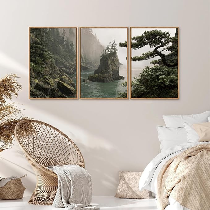 Rantodecor Coastal Forest Framed Canvas Wall Art, Pacific Northwest Coast landscape Wall Decor, Nature PNW Mountain Sea Art Paintings, Sage Green Pine Artwork for Bedroom Living Room Office 16"x24"x3