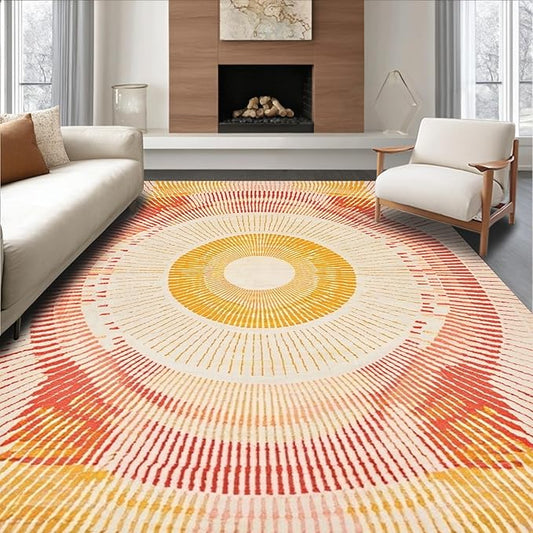 Flatwoven High Traffic Area Rug 5x7, Boho Sun Patterned Rug with Abstract Radiant Spiral Design, Non Slip, Stain Resistant, Washable Area Rugs for Living Room, Bedroom (Beige, 5x7)